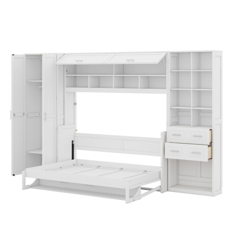 Lit escamotable Murphy avec placard, tiroirs et tablettes, Blanc