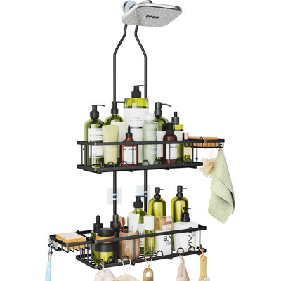 Organisateur à hauteur réglable pour pomme de douche, tablettes de douche antirouille noires avec crochets, 2 porte-savons