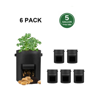 Paquet de 6 sacs de culture de pommes de terre de 5 gallons avec rabat de récolte et poignées - Sacs à fleurs non tissés à aération robustes
