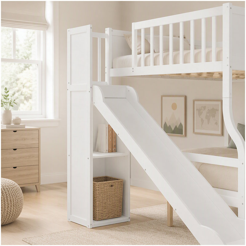 Lit double superposé au-dessus de grand lit double avec glissière et escalier de rangement, blanc, Blanc