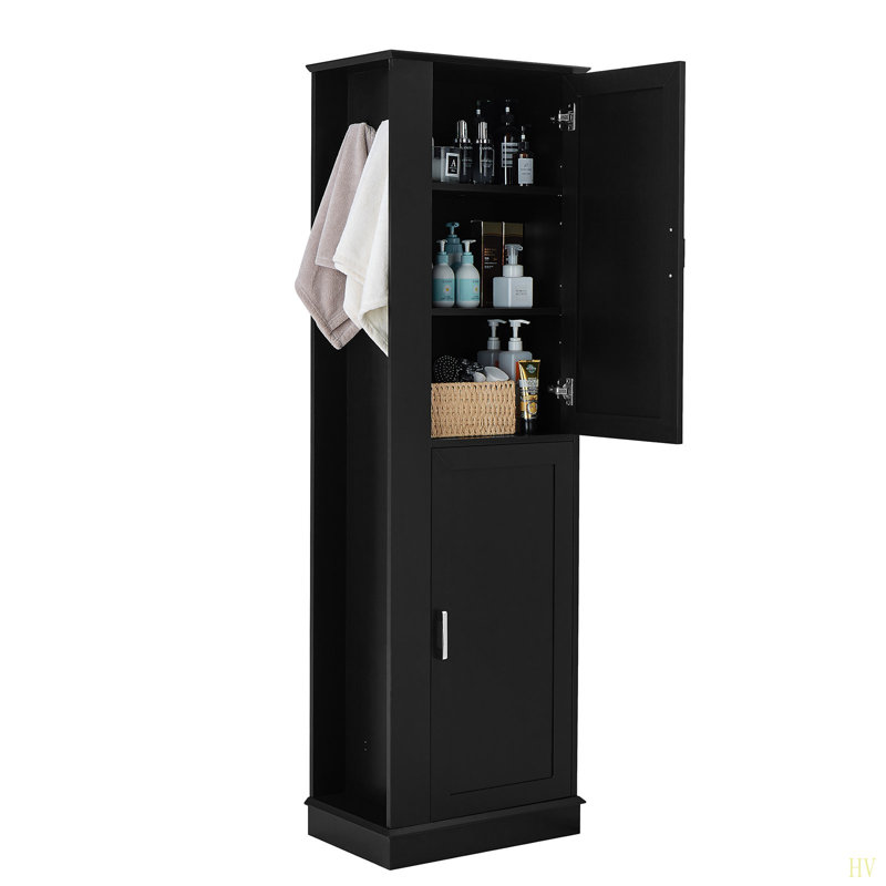 Tall Bathroom Storage Cabinet, Freestanding Storage Cabinet With Hook And Adjustable Shelf, MDF Board, Black
