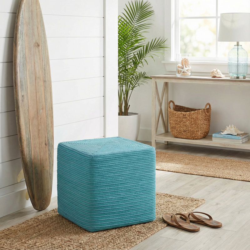 Aspenson Square Rope Pouf Ottoman, Aqua Polyester Blend