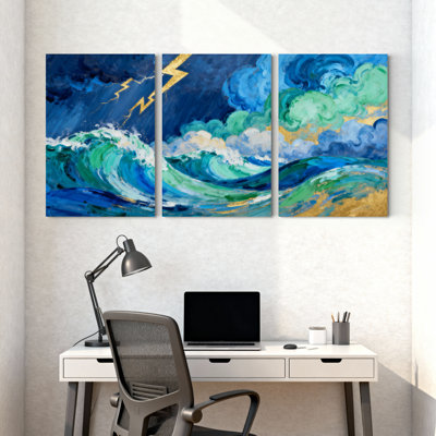 Nautique et plage, vagues de mer orageuses, nuages ciel, ensemble de 3 impressions sur toile