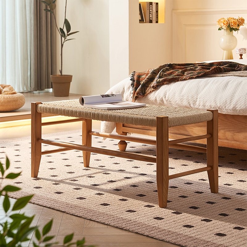 Beige Brown Solid Wood Linen Bench