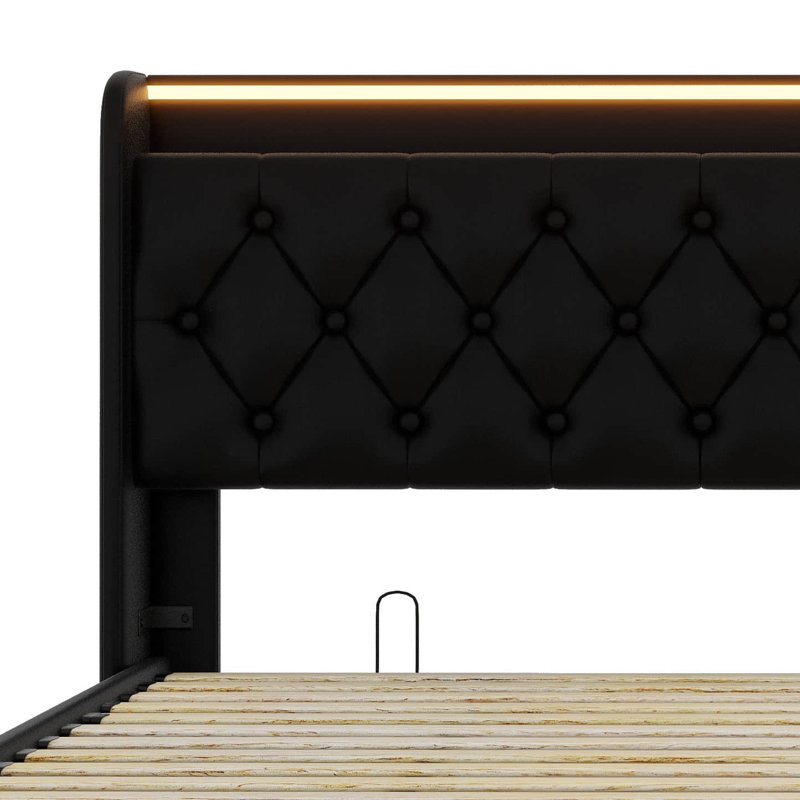 Lit tapissier: rangement hydraulique, DEL à 360 °, boutons / applications / télécommande et chargement USB Type-C, Noir
