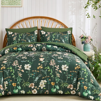 7 Pieces Botanical Floral Comforter Set All Season Bedding Set Lightweight Microfiber with Sheets, Pillowcases & Shams