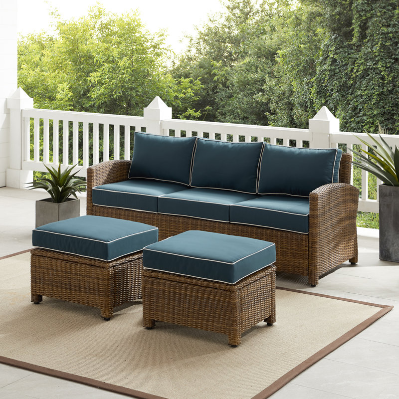 Patio Sofa with Cushions, Brown, Navy Velvet