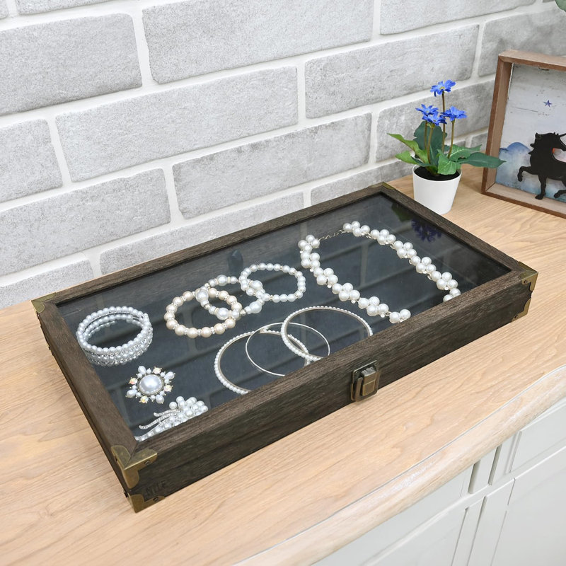 Présentoir à bijoux en bois en verre trempé avec charnière en métal et luxueux panneau amovible en velours MDF noir