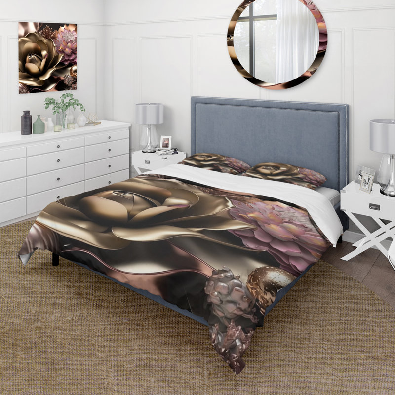 Ensemble de housse de couette en microfibre / polyester rose et doré Glam Flowers IV