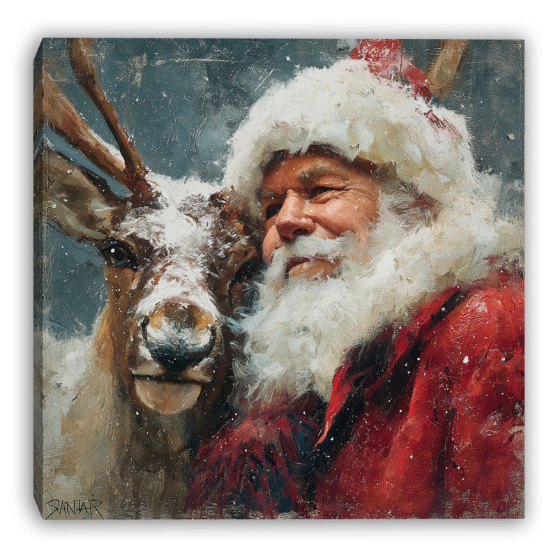 Père Noël et renne sur toile tendue, H 12 po x l 12 po
