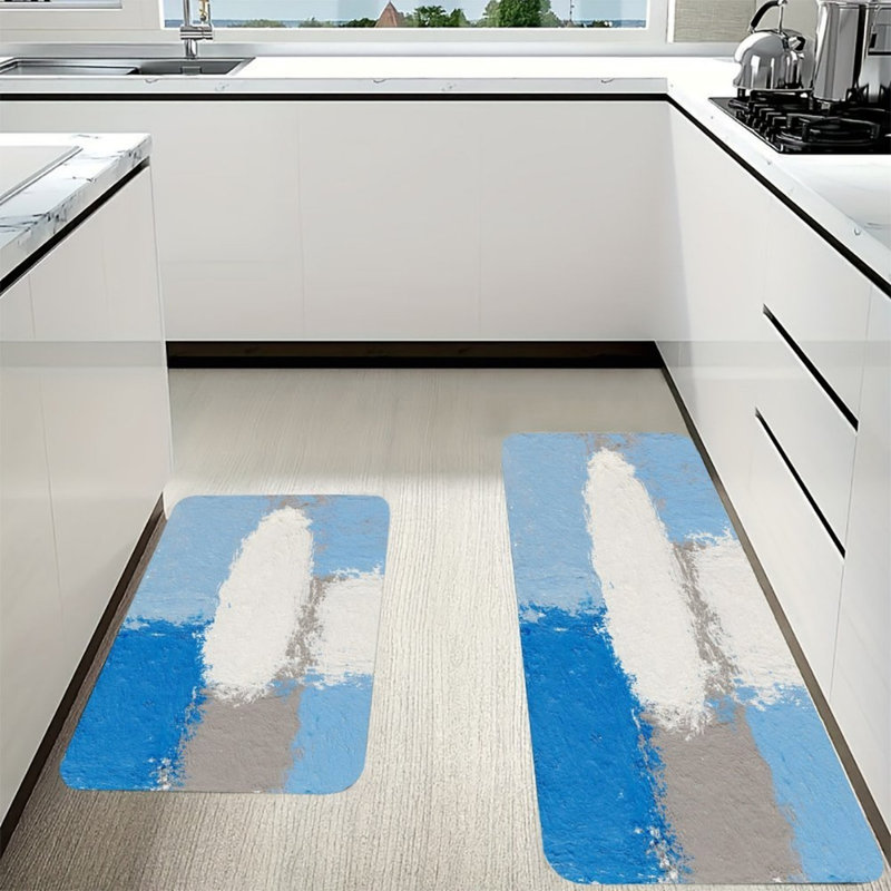 Blue White Abstract Kitchen Mats, 2 Pcs Modern Rugs For Kitchen & Living Room