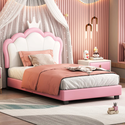 Twin Size Upholstered Princess Bed With Crown Headboard,Twin Size Platform Bed