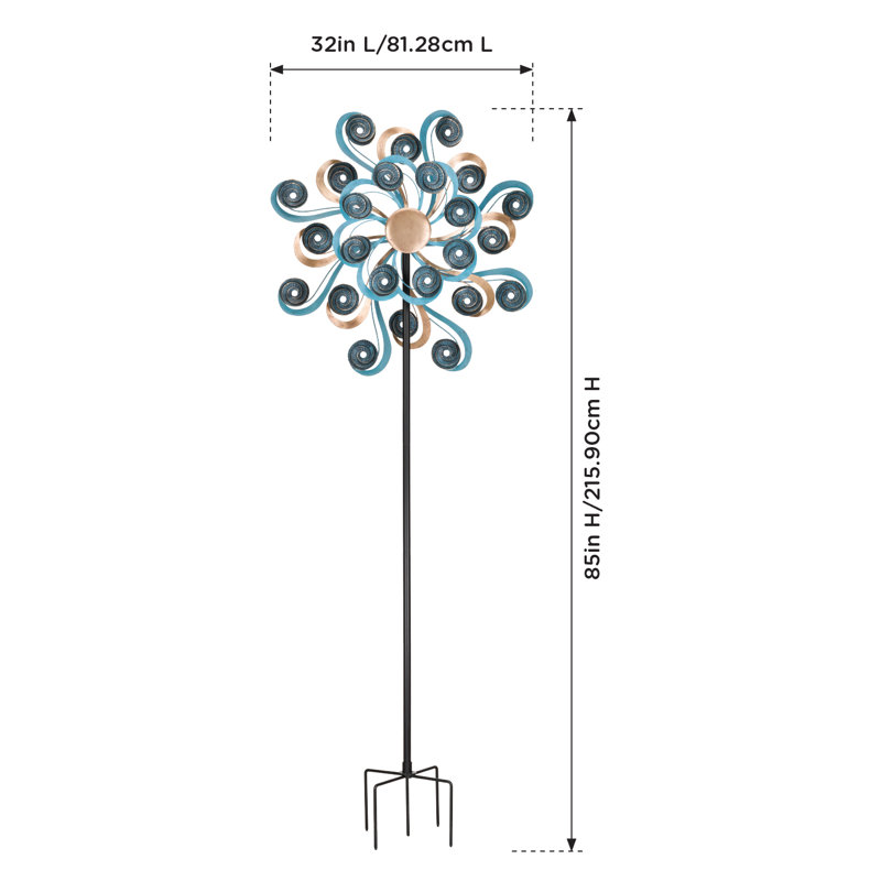 Metal Outdoor Garden Wind Spinner with Powder Coated Finish and Five Prong Ground Stake, Shell