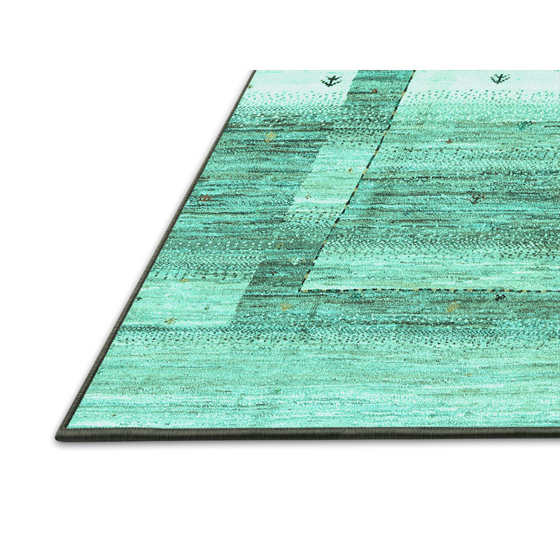 Tapis abstrait en laine et polyester tissés à la machine Ehtesham - bleu menthe / noir, Rectangle 7 pi x 9 pi