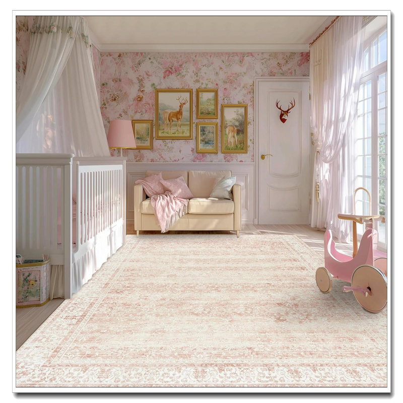 8X10 Neutral Pink Boho Area Rug Washable Hardwood Floor Protector For Bedroom Living Room, Rectangle 8' x 10', Pink