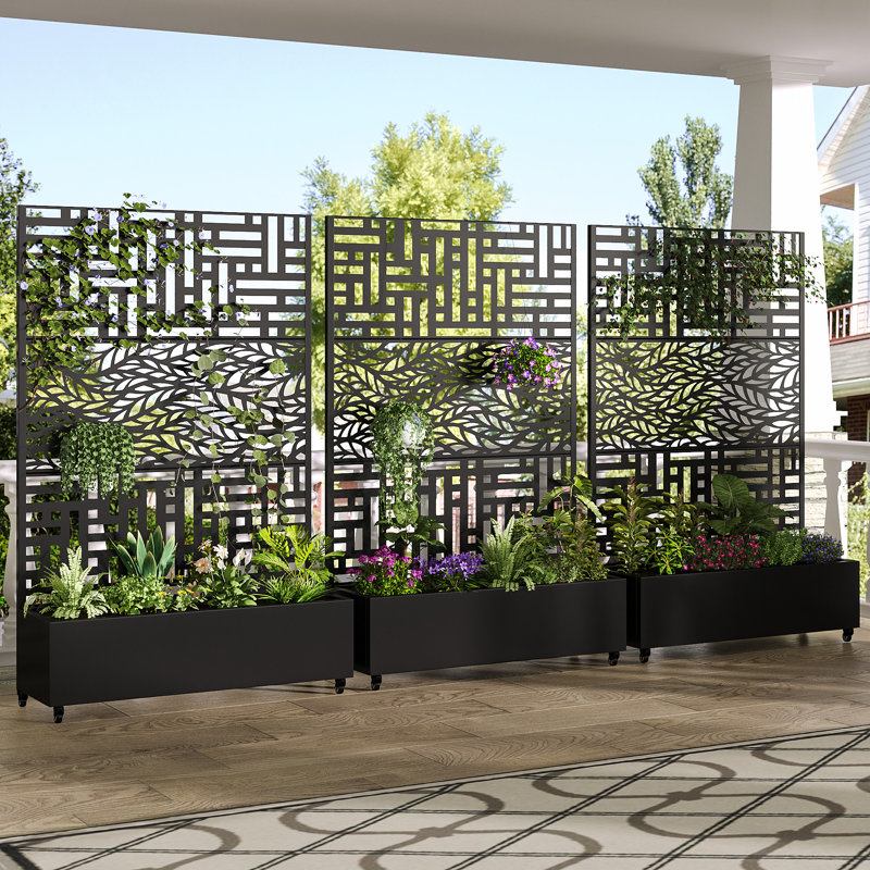 Ensemble de 3 jardin surélevé autoportant bicolore avec écran d'intimité Boîte à fleurs en métal avec treillis pour plante grimpante