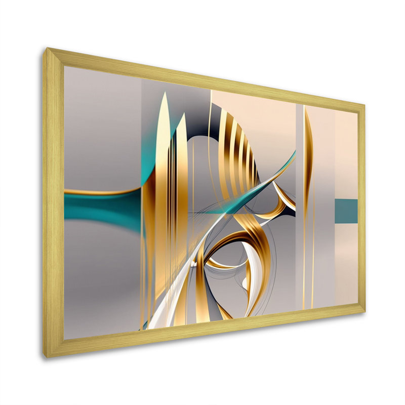 «Minimal Gold Abstraction On Turquoise Horizon I», art mural fractales, H 34 po x l 44 po x P 1,5 po
