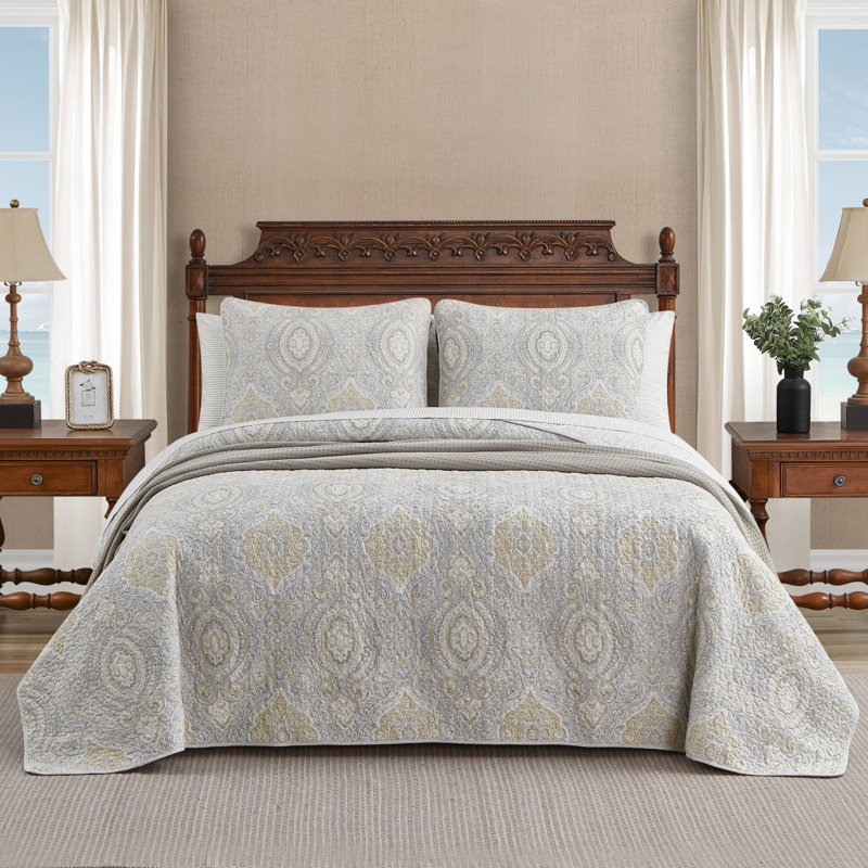 Elegant East Indies Inspired King Cotton Quilt Set in Sophisticated Gray