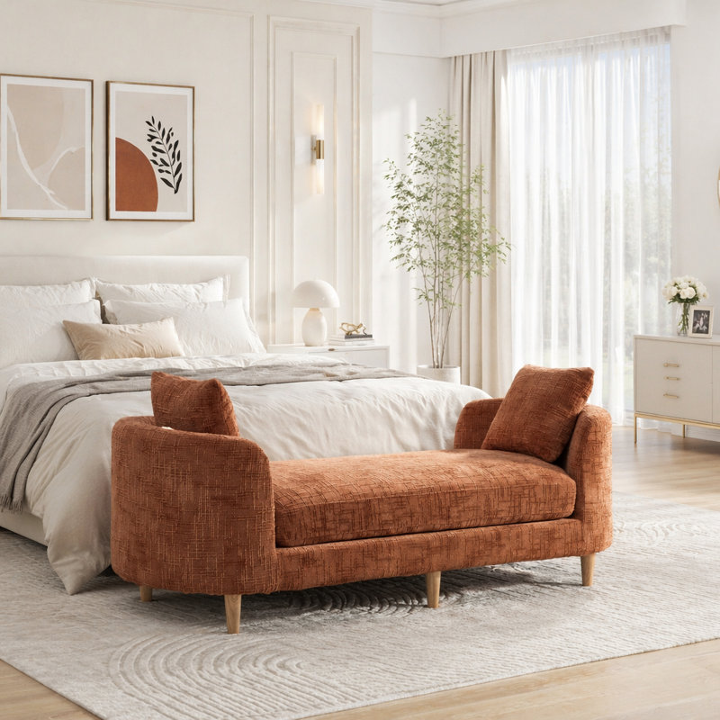 Banc de bout rembourré de 77,17 po de largeur avec accoudoirs, Orange
