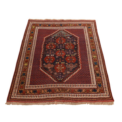 Tapis noué à la main 4 pi 1 po x 5 pi 0 po bleu et rouge en laine perse Afshar