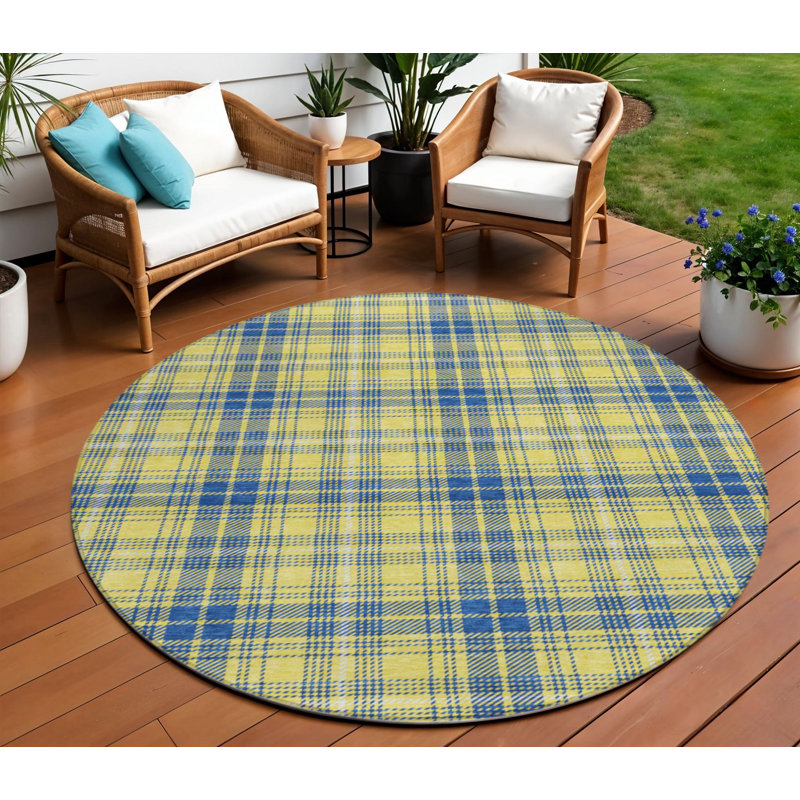 Tapis intérieur lavable rond 8 pi jaune et bleu ivoire