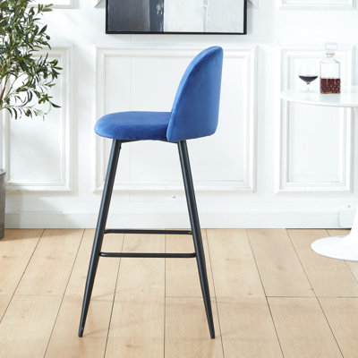 2Pcs Modern Bar Stools, Velvet Counter Chair With . Strong Metal Legs & Footrest. Blue Fabric. Easy Assembly For Island , Height Legs. Ergonomic Kitchen Bar,