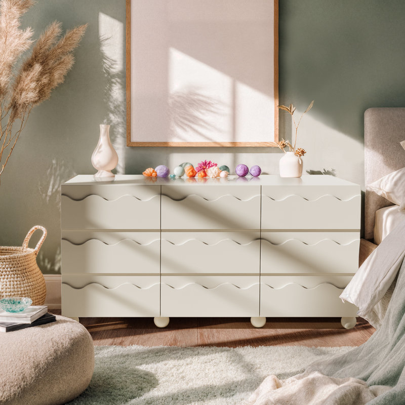 9 Drawer 63" W Circular Ripple Dresser, Milky white