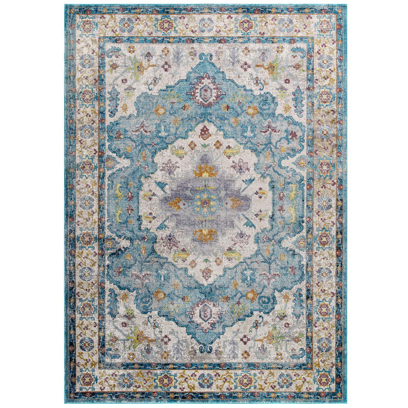 Light Blue and Ivory Floral Synthetic 4' x 6' Area Rug