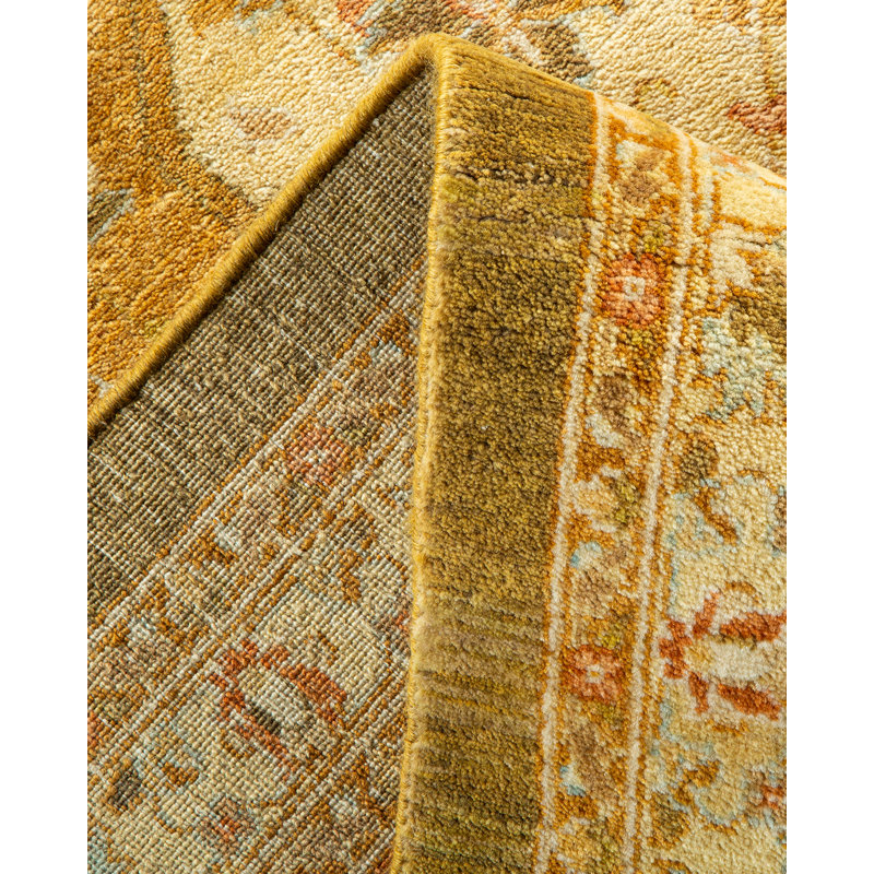 Tapis jaune noué à la main de conception unique et unique 8 pi 1 po x 14 pi 3 po Hérone Mogul