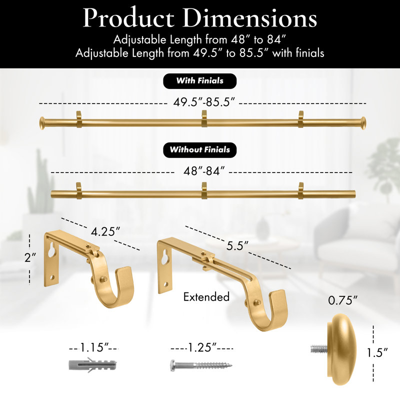 Tringle à rideaux simple réglable 28 po à 48 po 1 po Anyia, 48" - 84", Or