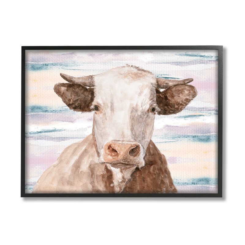 Portrait de vache de ferme, fond de coucher de soleil abstrait par échelle blanche, L 30 po x H 24 po