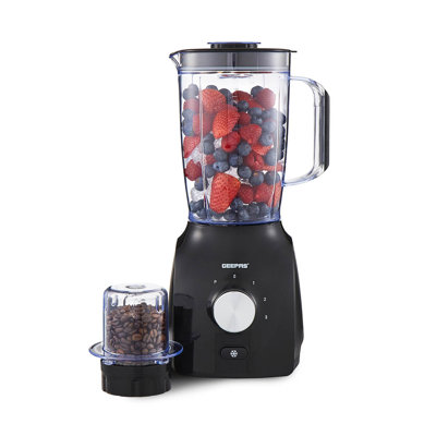 GEEPAS 2-in-1 Food Jug Blender | 1.8L Juice Jar & 60G Mini Coffee Spice Mill | 6-Leaf Stainless-Steel Blades 3 Speed & Pulse Smoothie Maker Turbo Button for Ice Crushing Overheat Protection 600W