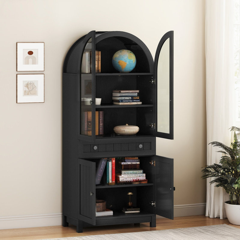 Bibliothèque arquée de 71 po de hauteur, armoire incurvée moderne avec tiroirs de rangement et porte en verre