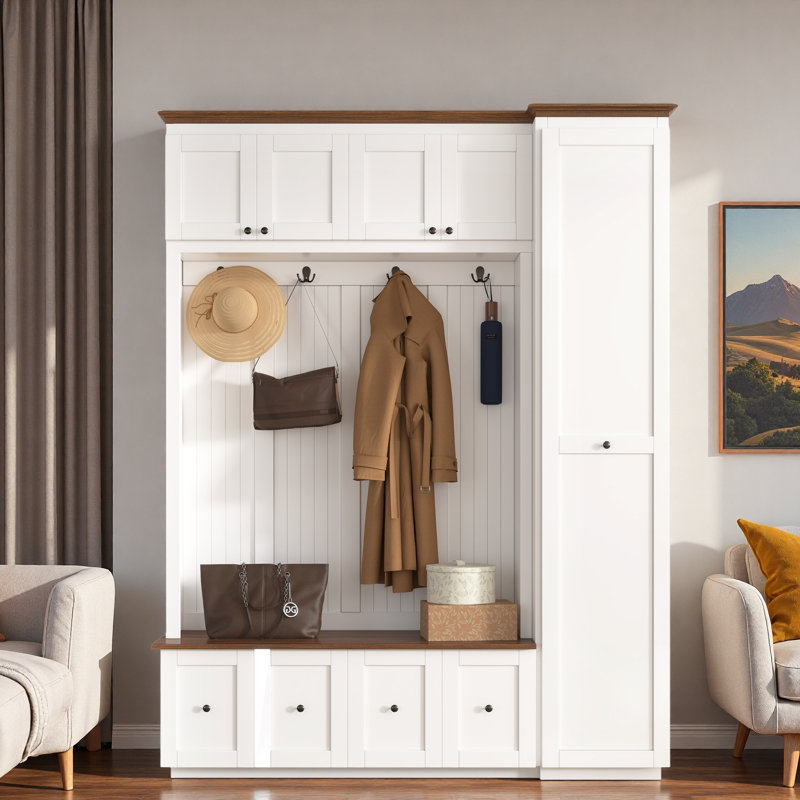 5-in-1 Hall Tree With Bench, Coat Rack, Drawers, Cabinets And Extra-large Side Storage Space, White