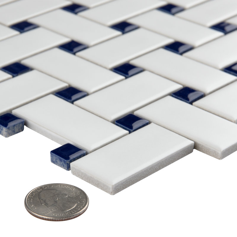 Metro 1.32" x 2" Porcelain Basketweave Mosaic Wall & Floor Tile, White/Cobalt Blue