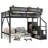 Queen Size Loft Bed With Stairs, Metal Queen Loft Bed With Storage Shelves, High Loft Bed With Wardrobe For Kids Teens Adults, Black-91347087-91347074