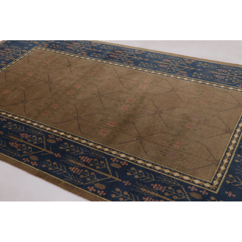 Vintage Swedish "Flossa" Rug, Tobacco Brown & Navy Botanical Border - Rug & Kilim