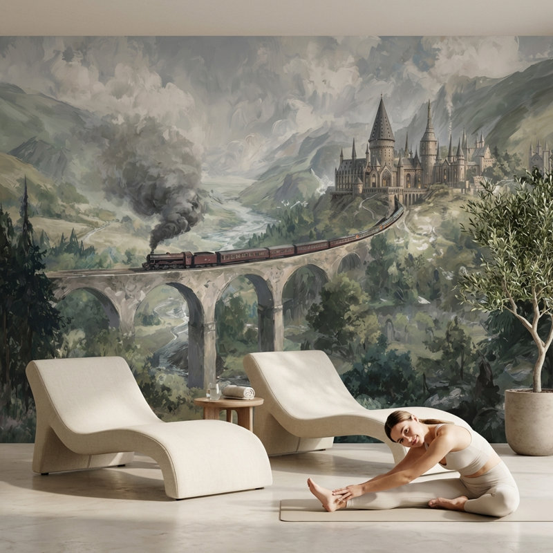 Papier peint paysage château enchanté, L: 190 po x H: 108 po, Peler et coller