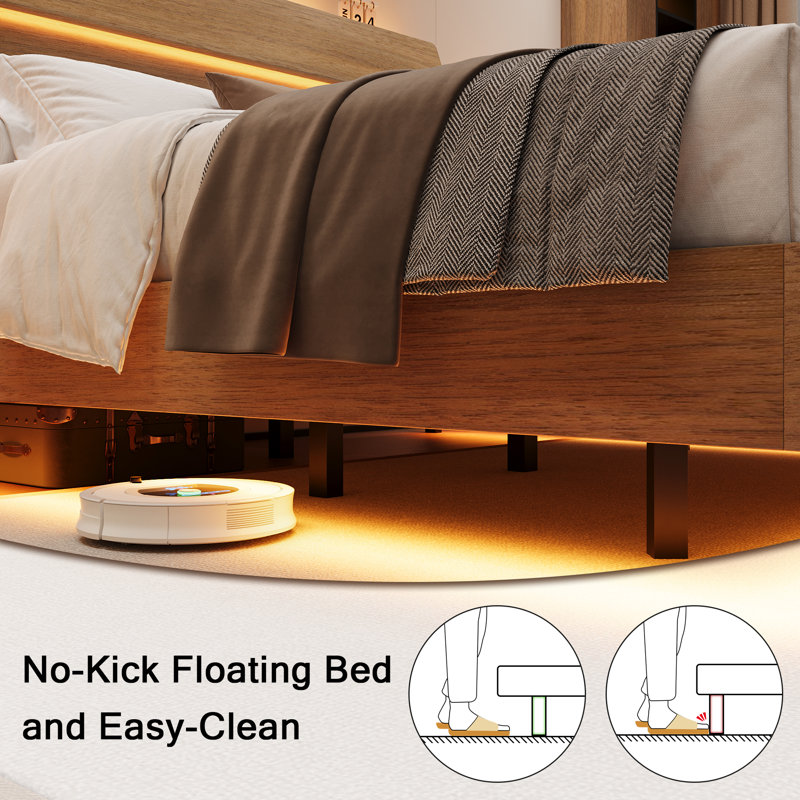  King Size Floating Bed Frame With Led And Charging Station,metal Platform Bed Frame With Storage Headboard,no Box Spring Needed,noise-free,easy To Assemble,walnut