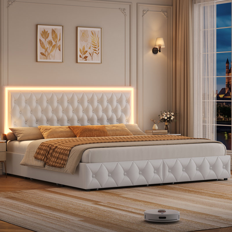 Athanasius Faux Leather Platform Bed with LED Lighting and Drawers, King, White