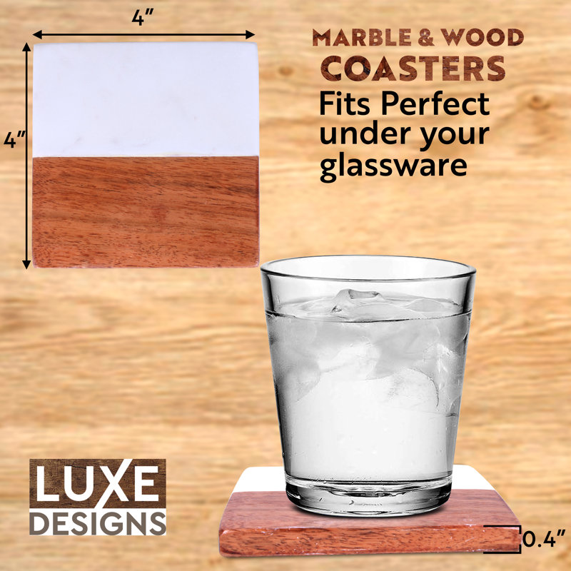 Set Of Four Square Wood And Marble Coasters With Stand