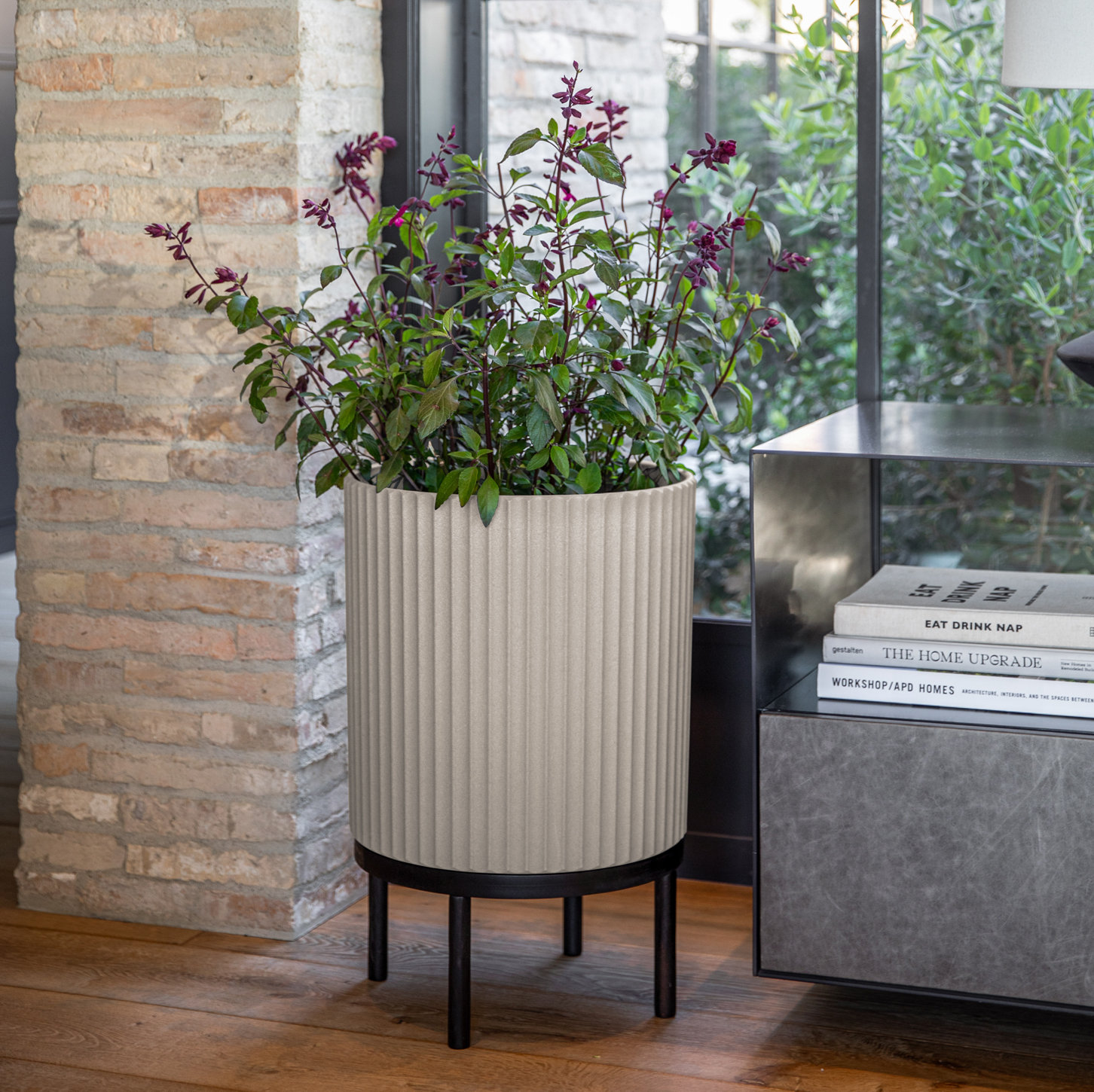 Demi Pot Planter, 1, Sand/Black, 22" H x 14.75" W x 14.75" D