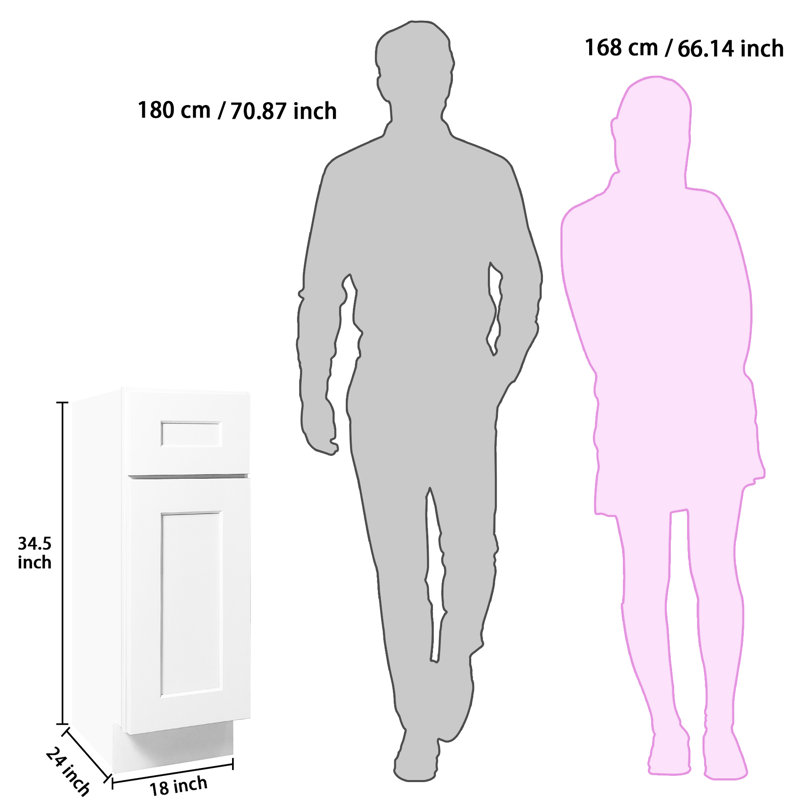 Armoire de base à porte simple en bois massif blanc pour usage multiple, tablettes réglables, charnières à fermeture en douceur, système Easy Click, caoutchouc, tiroir, l 18 po, H 34,5 po, P 24 po avec tablettes Cuisine et garage