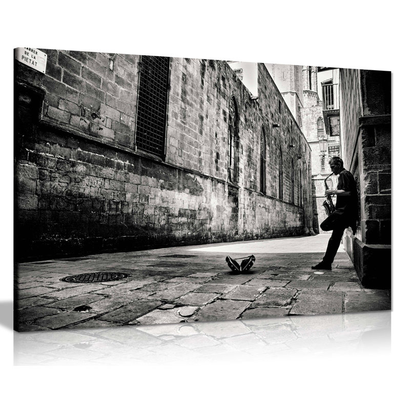 Musician On Saxophonein Urban City Street - Wrapped Canvas Print, 20cm H x 31cm W