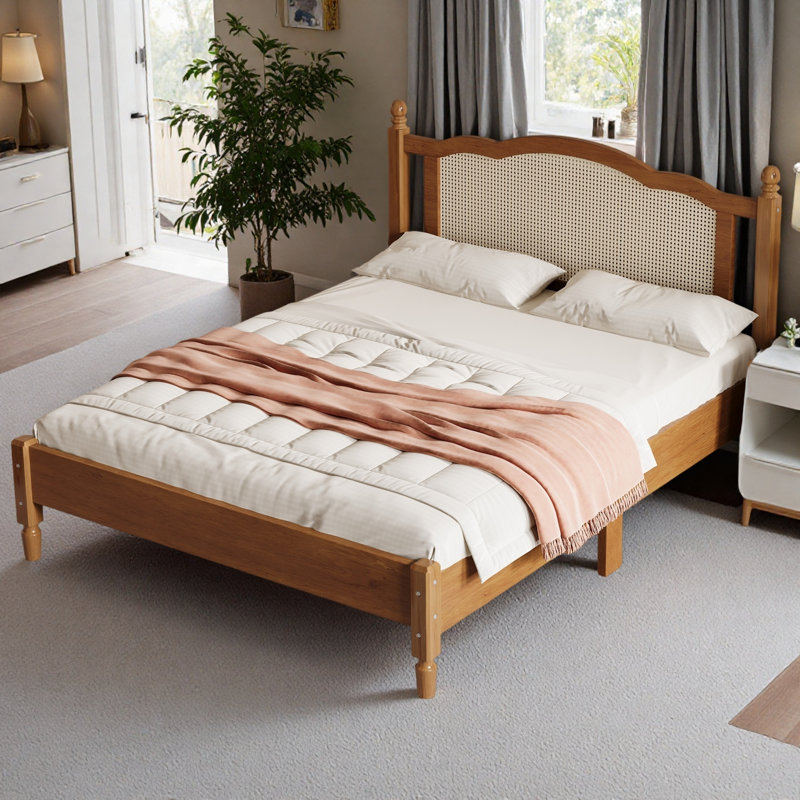 Lit plateforme double en bois avec tête de lit en rotin naturel, Lit double