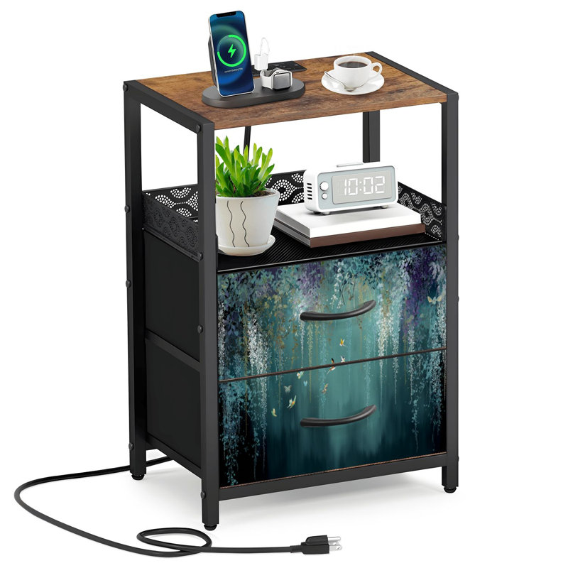 Table de chevet à 2 tiroirs en tissu avec station de charge Table de chevet pour chambre à coucher Tranquil Nature