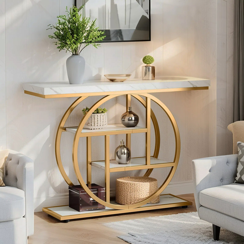 41.3" Industrial Console Table, 4-Tier Sofa Entryway Table With Circle Base, Modern Narrow Accent Table With Storage For Living Room, Hallway, Foyer, White & Gold Finish
