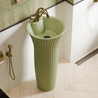 Freestanding Vertical Fluted Ceramic Pedestal Sink, Vintage Green‑Small Bathroom Wash Basin