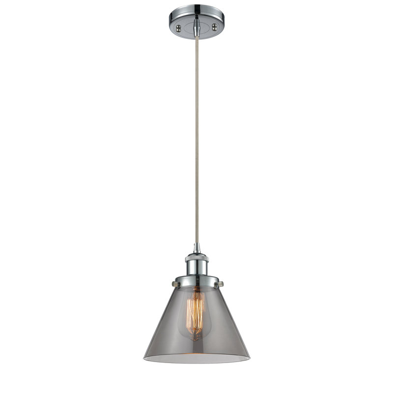 Ballston Urban Cone - 1 Light 8" Cord Hung Mini Pendant, Polished Chrome, Plated Smoke, LED