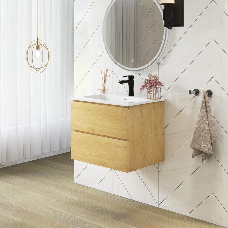 Meuble-lavabo mural 24 po avec comptoir en céramique blanche, Chêne
